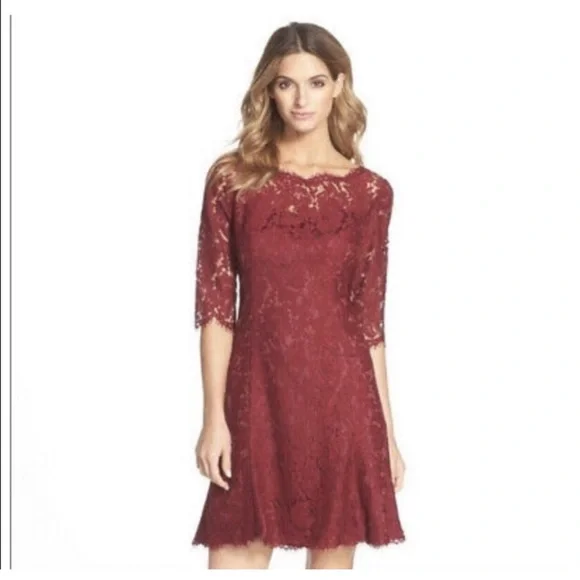 eliza j burgundy dress Ivory Lace Off-the-Shoulder Burgundy Mermaid Bridesmaid Dress main image 1